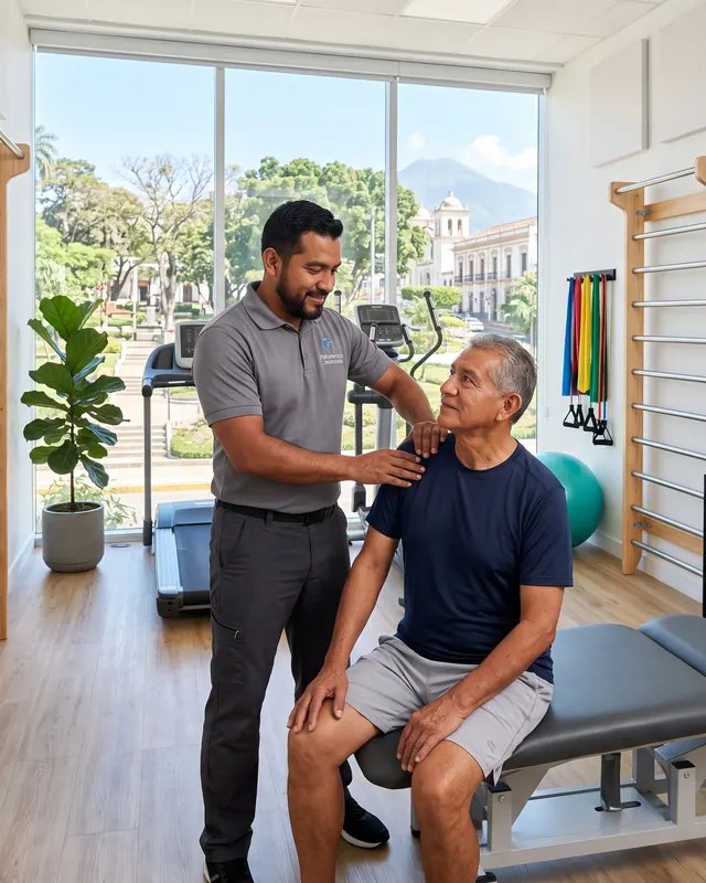 Fisioterapeuta atendiendo a un paciente en sala de rehabilitación
