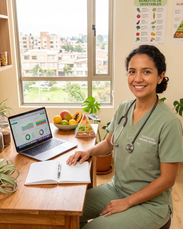 Nutricionista en su consultorio con un plan alimentario en pantalla