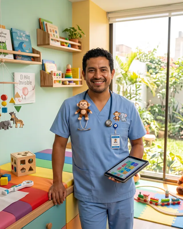 Pediatra en su consultorio infantil