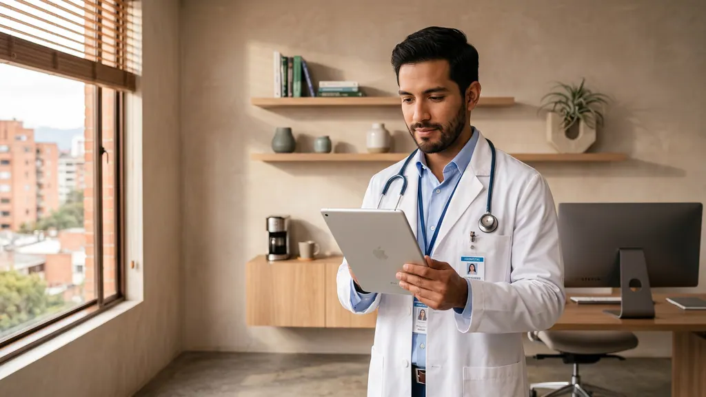 Médico general revisando la agenda del día en su consultorio